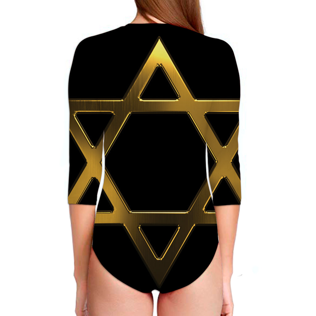 Golden Star of David Print Long Sleeve Swimsuit