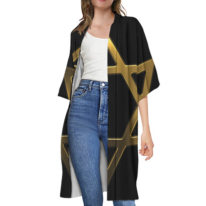 Golden Star of David Print Open Front Beach Cover Up