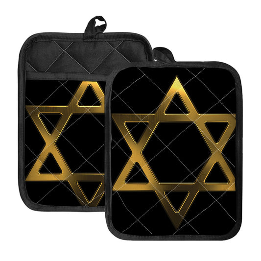 Golden Star of David Print Pot Holders With Pocket