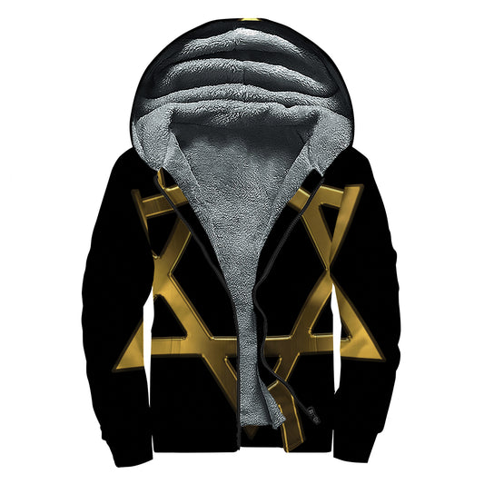 Golden Star of David Print Sherpa Lined Zip Up Hoodie