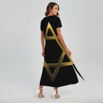 Golden Star of David Print Short Sleeve Maxi Dress