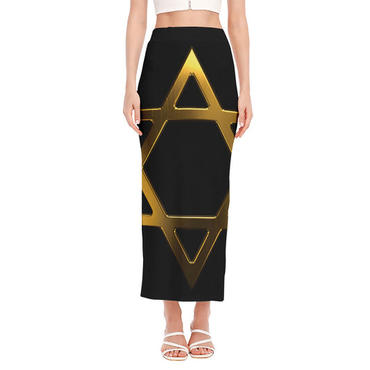 Golden Star of David Print Side Slit Maxi Skirt