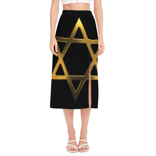 Golden Star of David Print Side Slit Midi Skirt