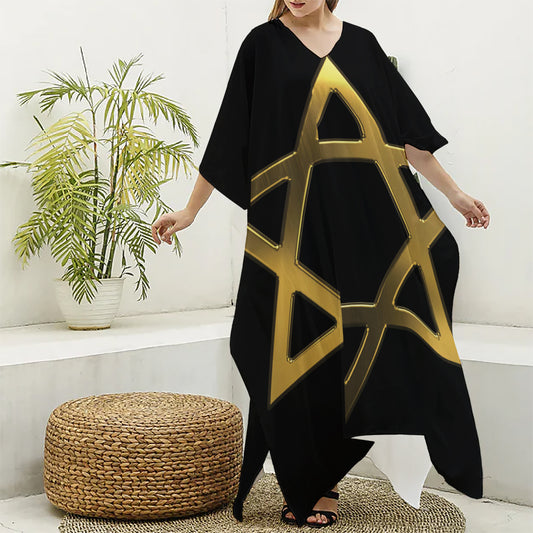 Golden Star of David Print Silk V-Neck Kaftan Dress