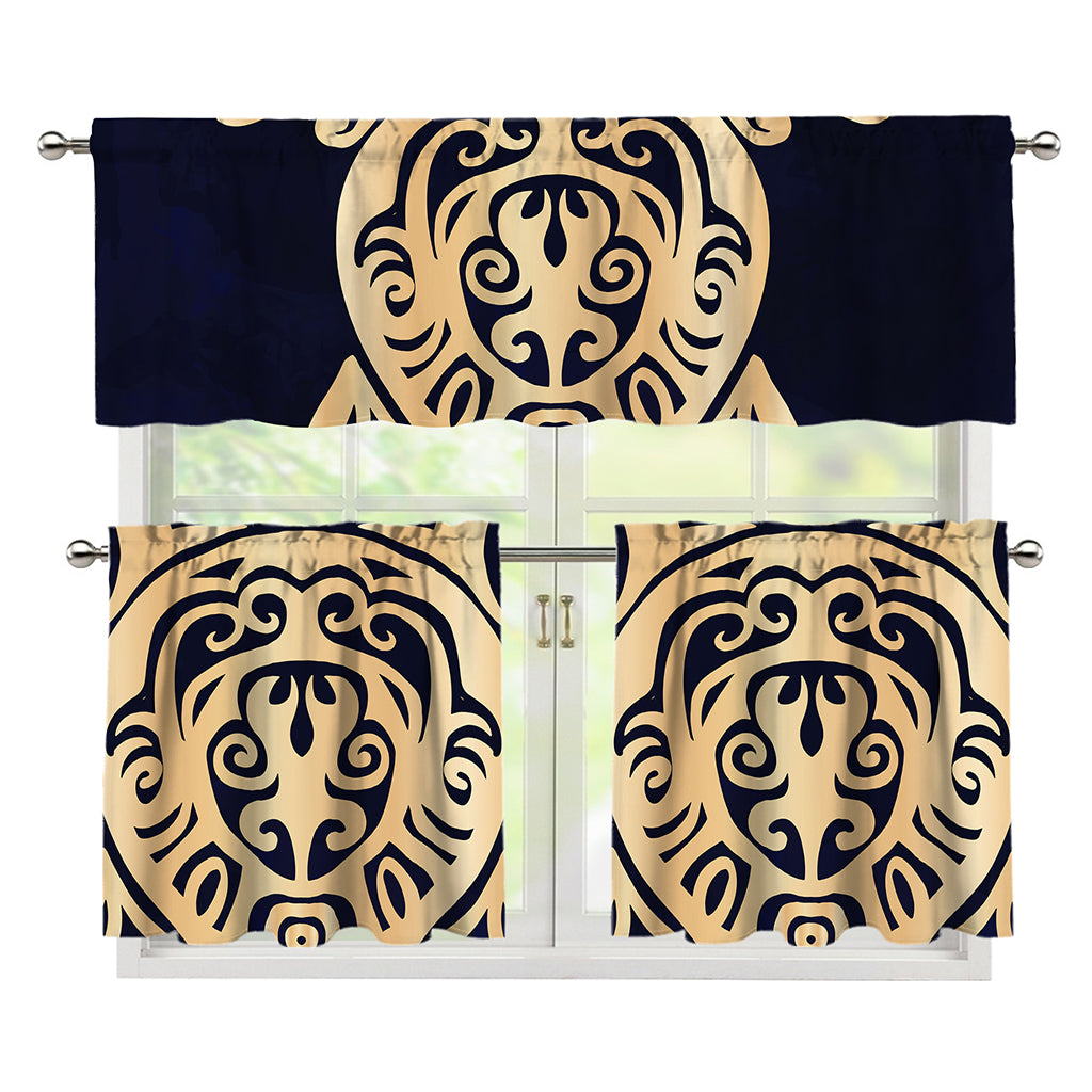 Golden Tribal Sea Turtle Print 3 Piece Kitchen Curtains
