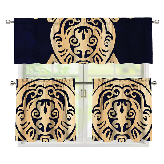 Golden Tribal Sea Turtle Print 3 Piece Kitchen Curtains