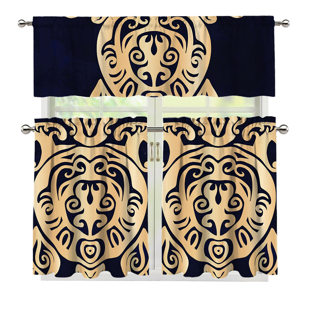 Golden Tribal Sea Turtle Print 3 Piece Kitchen Curtains
