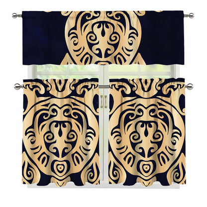 Golden Tribal Sea Turtle Print 3 Piece Kitchen Curtains