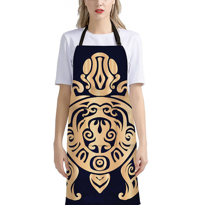 Golden Tribal Sea Turtle Print Bib Apron With Pocket