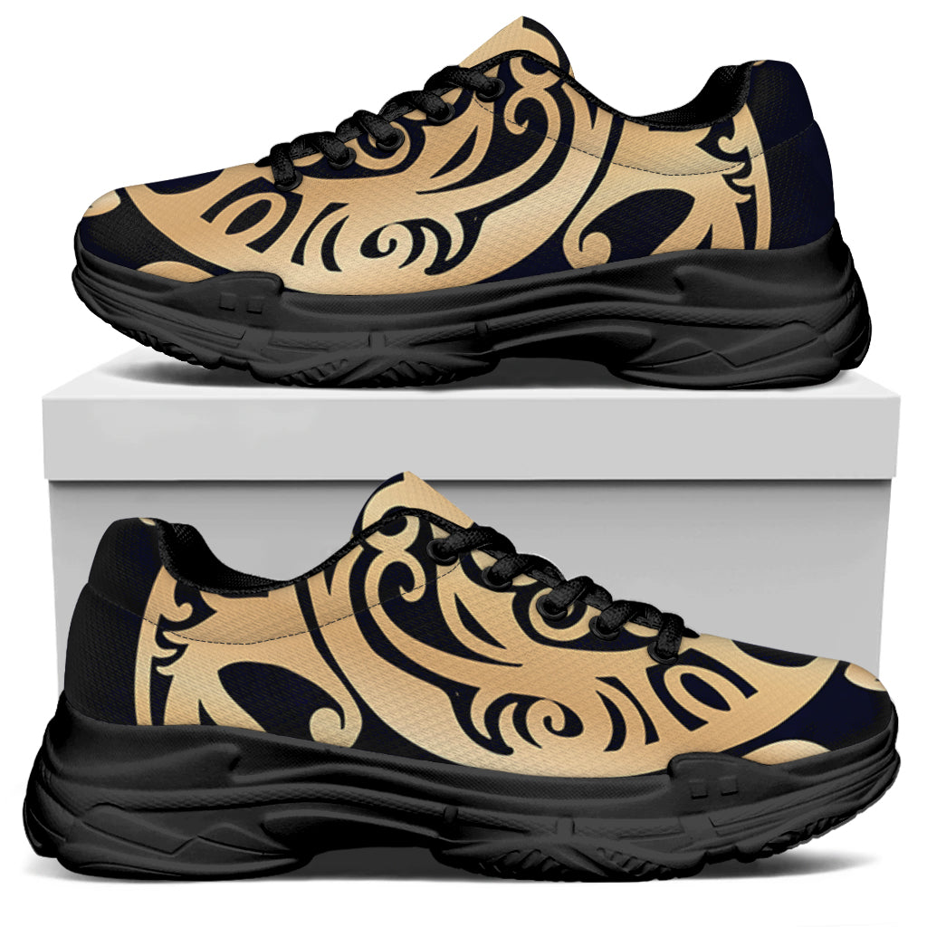 Golden Tribal Sea Turtle Print Black Chunky Shoes