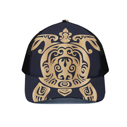 Golden Tribal Sea Turtle Print Black Mesh Trucker Cap