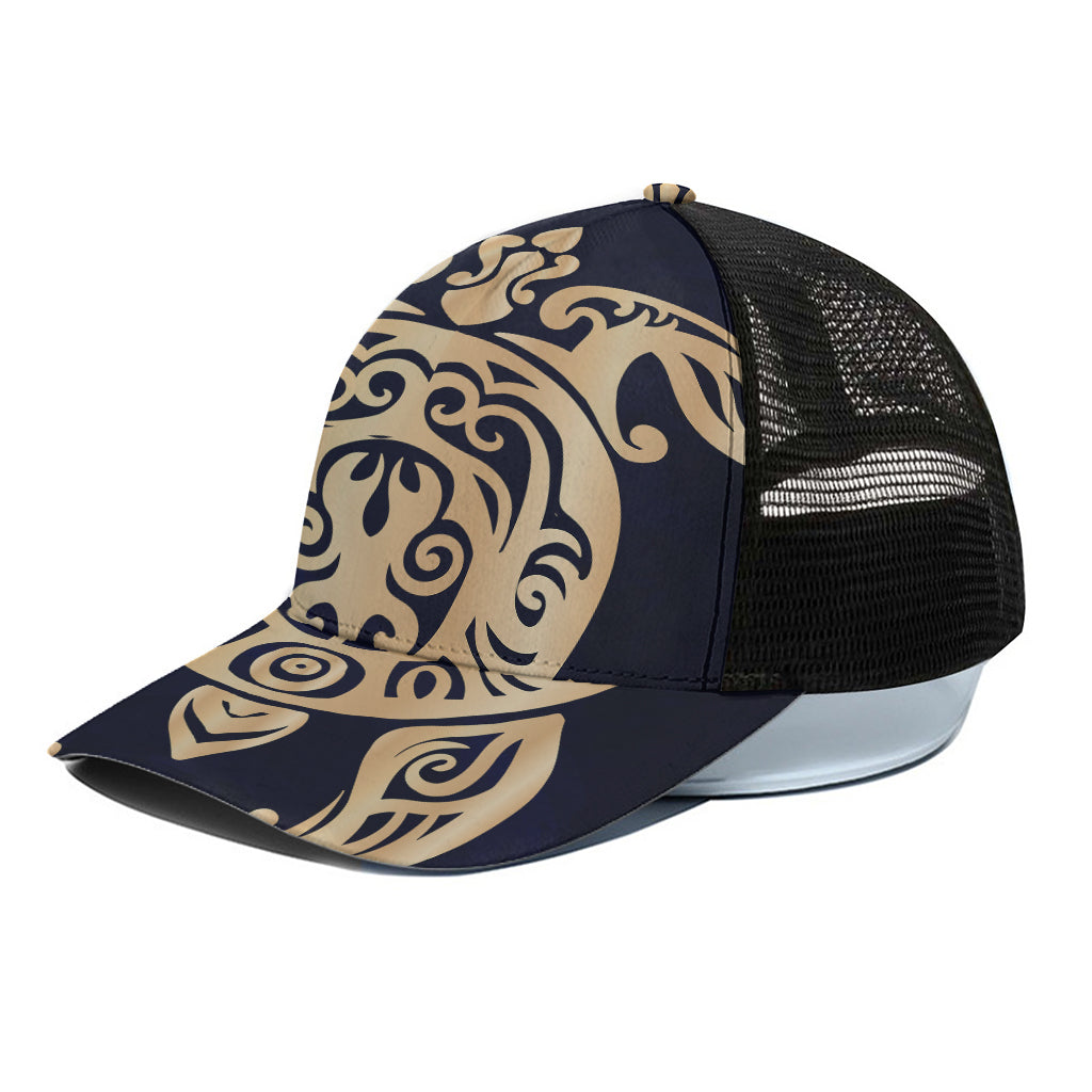 Golden Tribal Sea Turtle Print Black Mesh Trucker Cap
