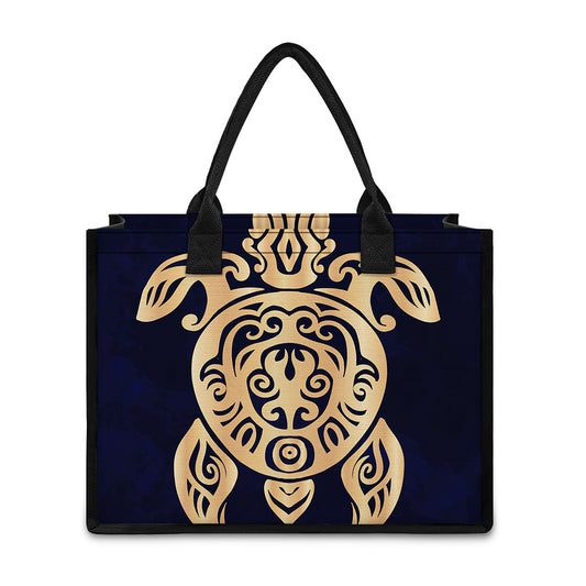 Golden Tribal Sea Turtle Print Canvas Tote Bag