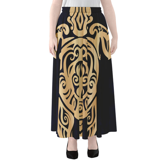 Golden Tribal Sea Turtle Print Chiffon Maxi Skirt