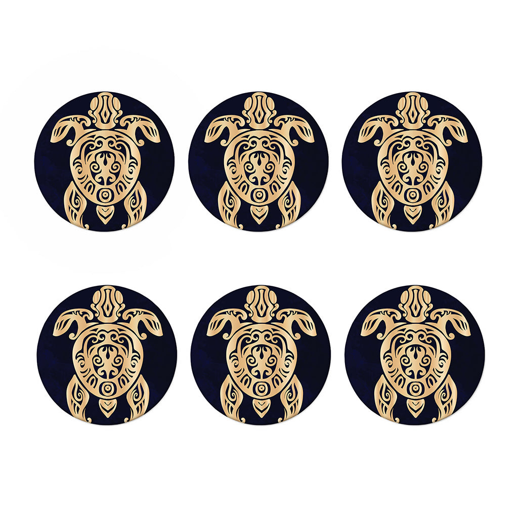 Golden Tribal Sea Turtle Print Coaster Set