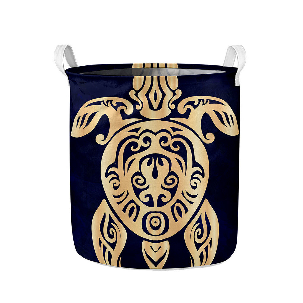 Golden Tribal Sea Turtle Print Collapsible Laundry Basket