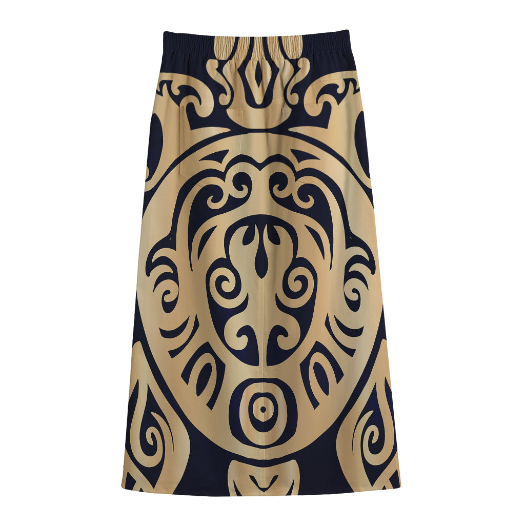 Golden Tribal Sea Turtle Print Cotton Front Slit Maxi Skirt