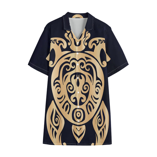 Golden Tribal Sea Turtle Print Cotton Hawaiian Shirt