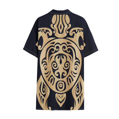 Golden Tribal Sea Turtle Print Cotton Hawaiian Shirt
