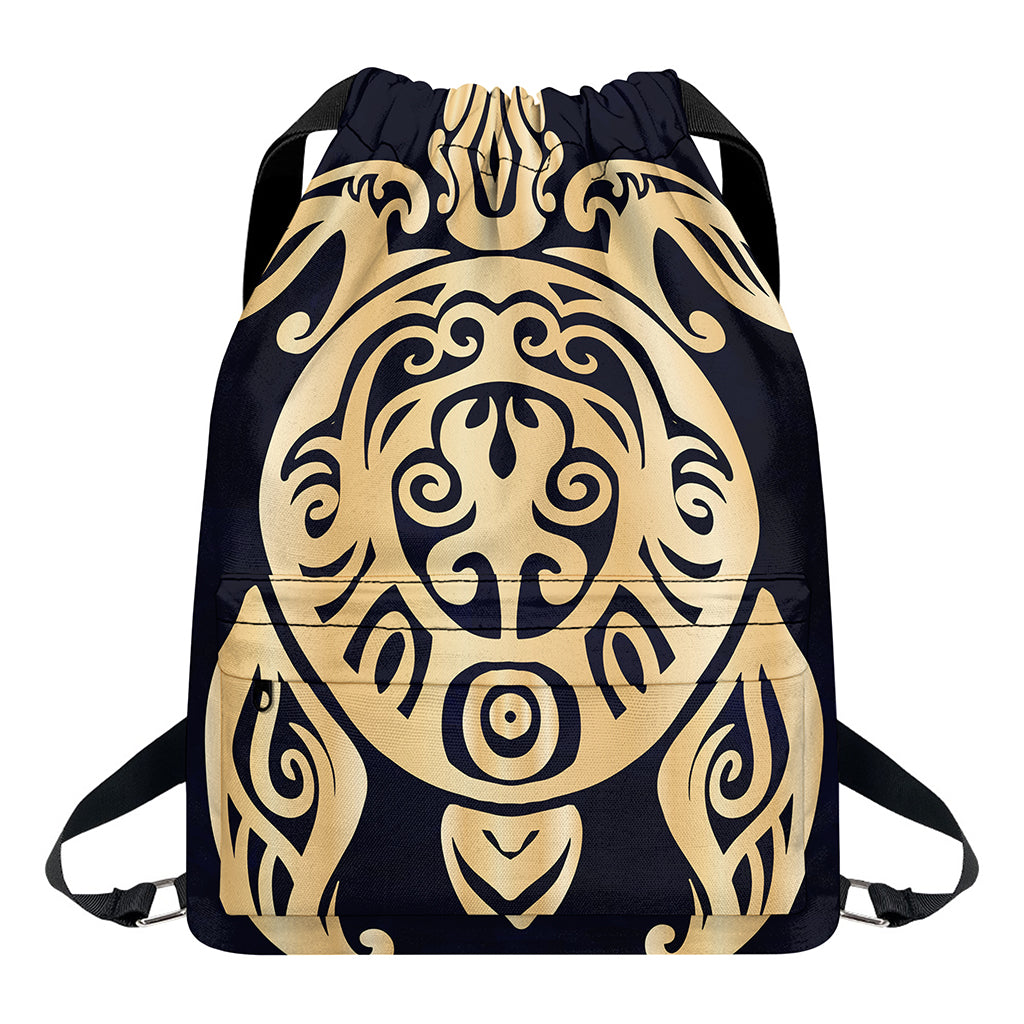 Golden Tribal Sea Turtle Print Drawstring Backpack