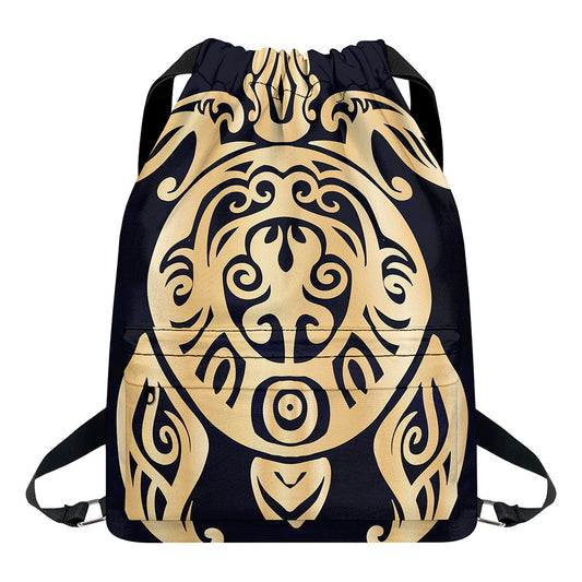 Golden Tribal Sea Turtle Print Drawstring Backpack
