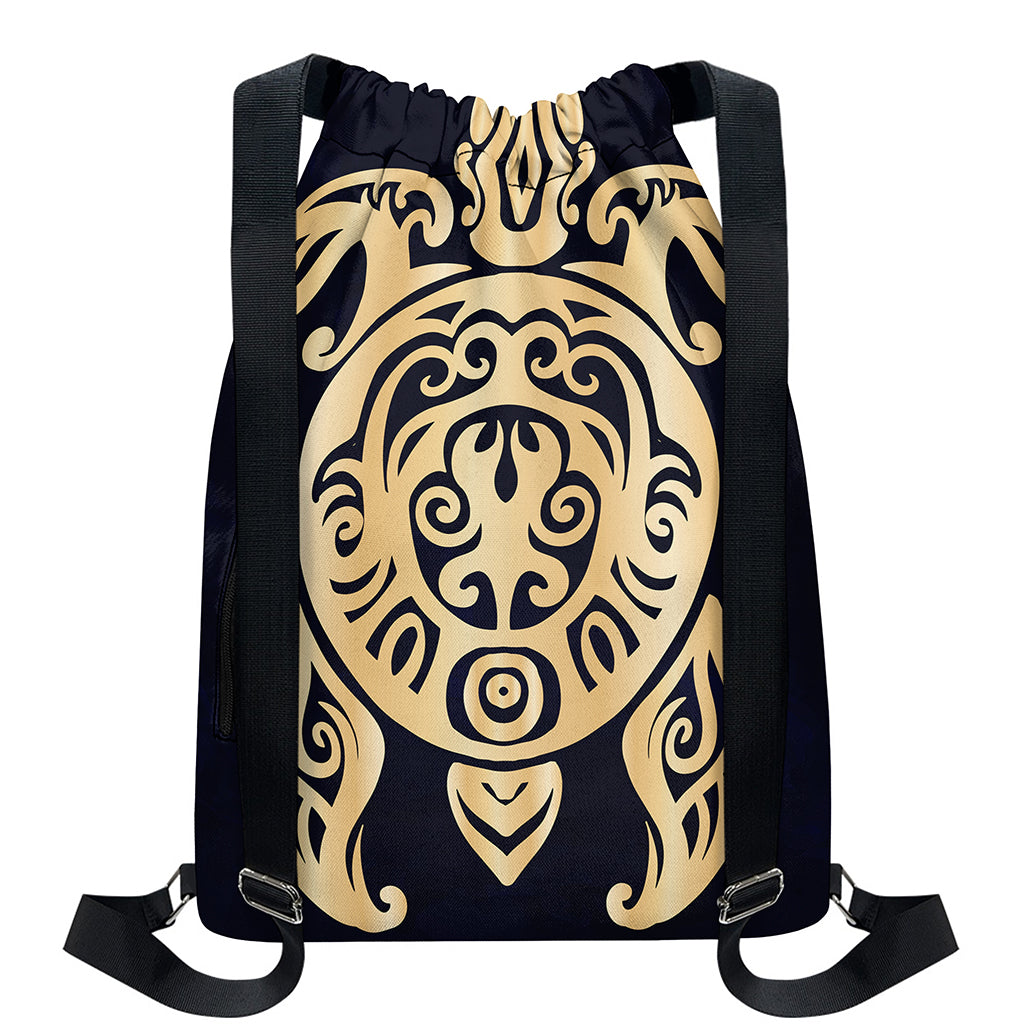 Golden Tribal Sea Turtle Print Drawstring Backpack