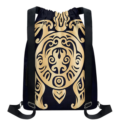 Golden Tribal Sea Turtle Print Drawstring Backpack