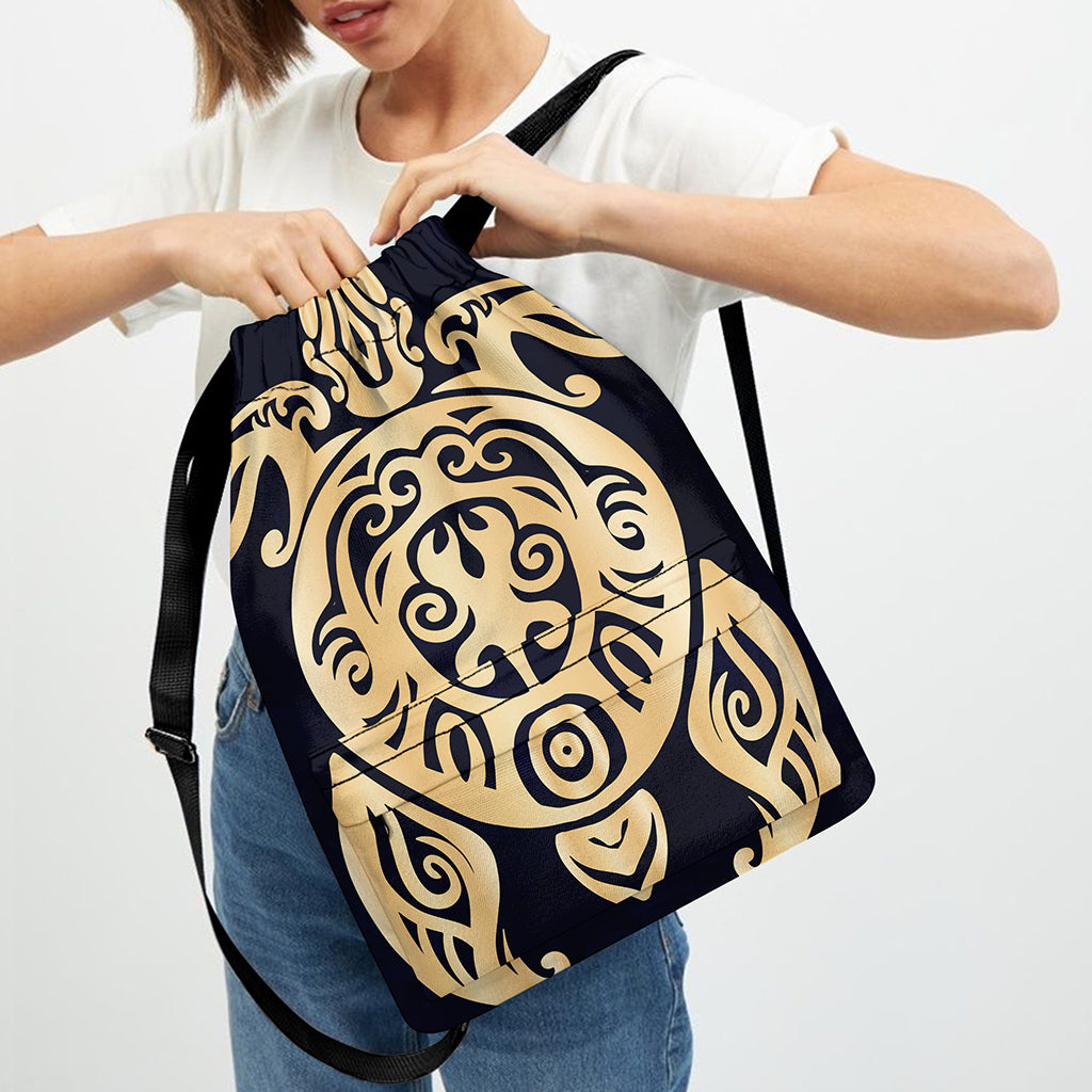 Golden Tribal Sea Turtle Print Drawstring Backpack