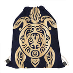 Golden Tribal Sea Turtle Print Drawstring Bag