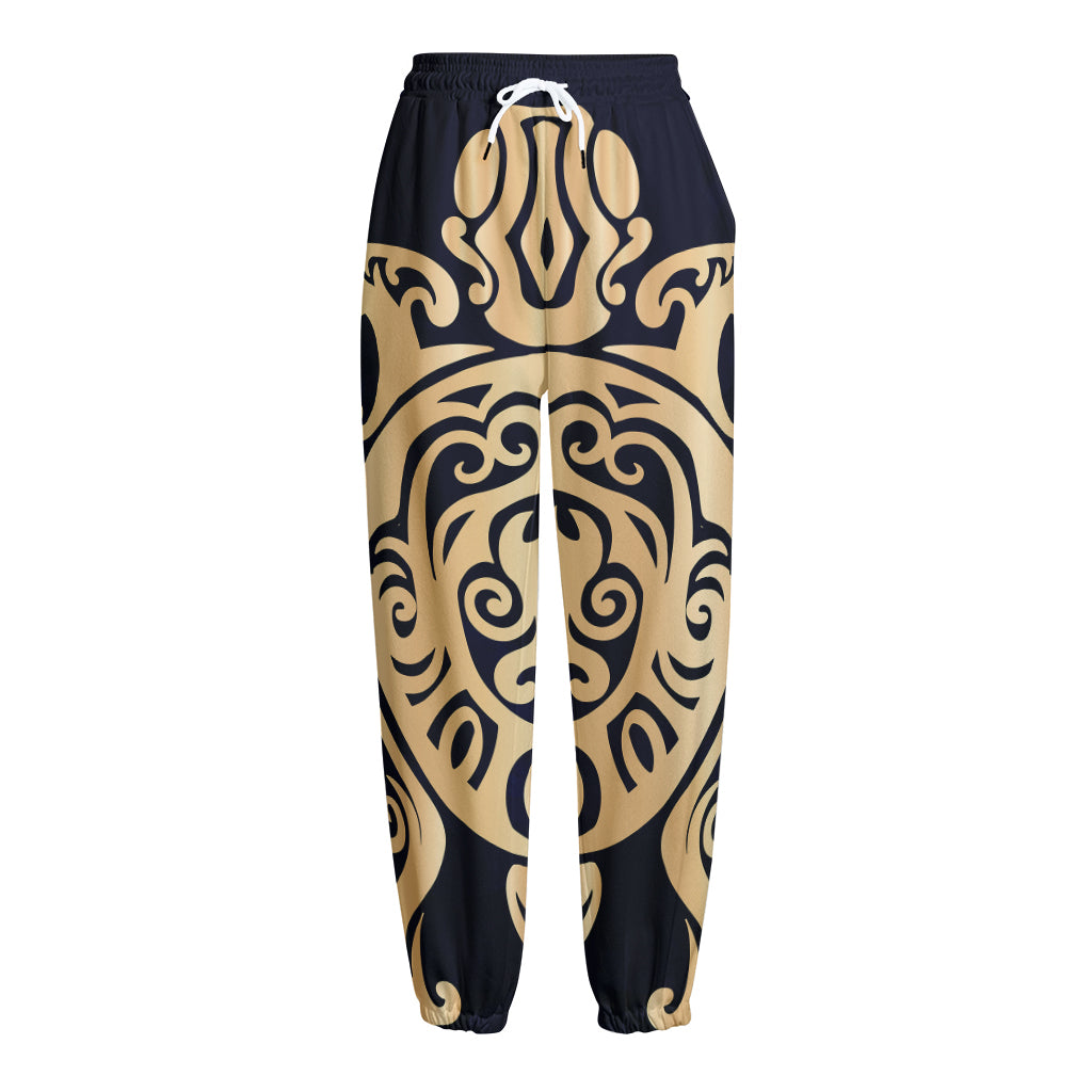 Golden Tribal Sea Turtle Print Fleece Lined Knit Pants