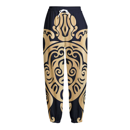 Golden Tribal Sea Turtle Print Fleece Lined Knit Pants