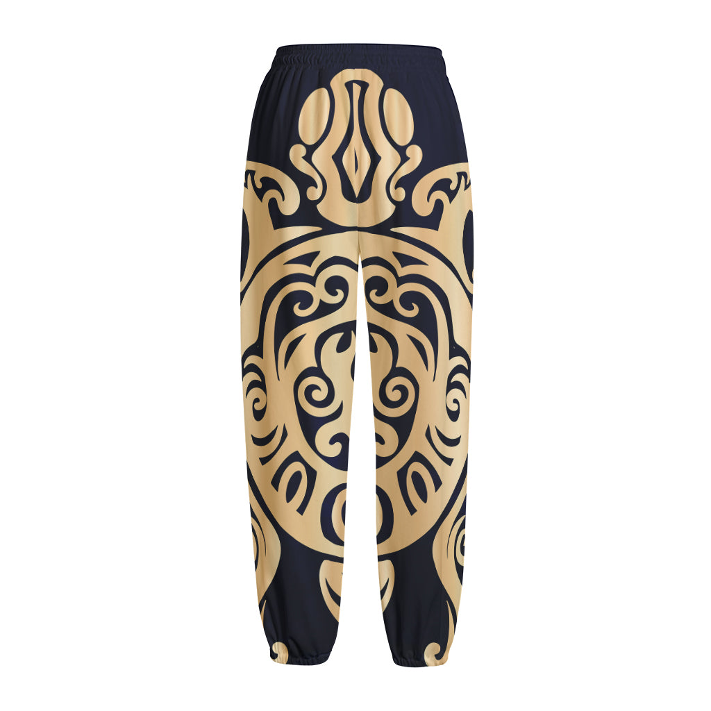 Golden Tribal Sea Turtle Print Fleece Lined Knit Pants