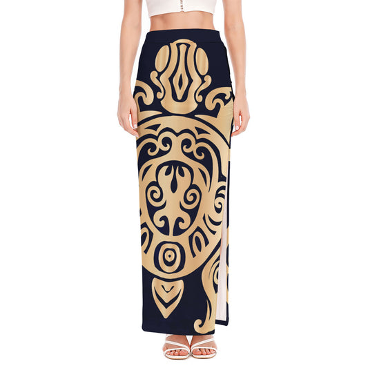 Golden Tribal Sea Turtle Print High Slit Maxi Skirt