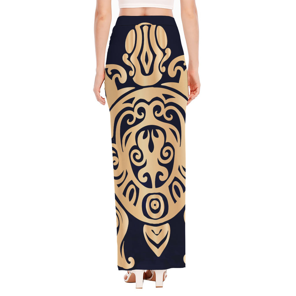 Golden Tribal Sea Turtle Print High Slit Maxi Skirt