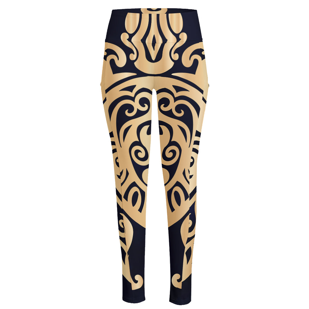 Golden Tribal Sea Turtle Print High-Waisted Pocket Leggings