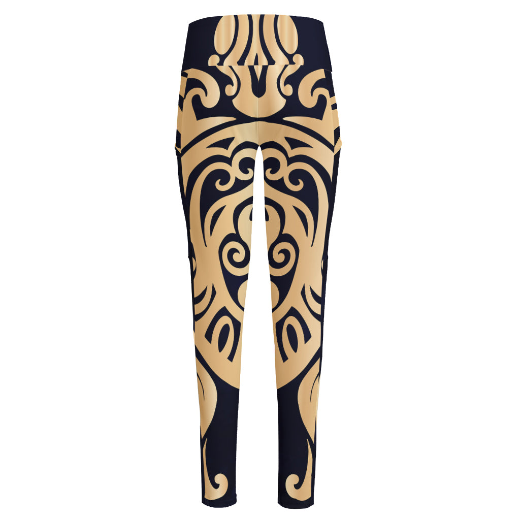 Golden Tribal Sea Turtle Print High-Waisted Pocket Leggings