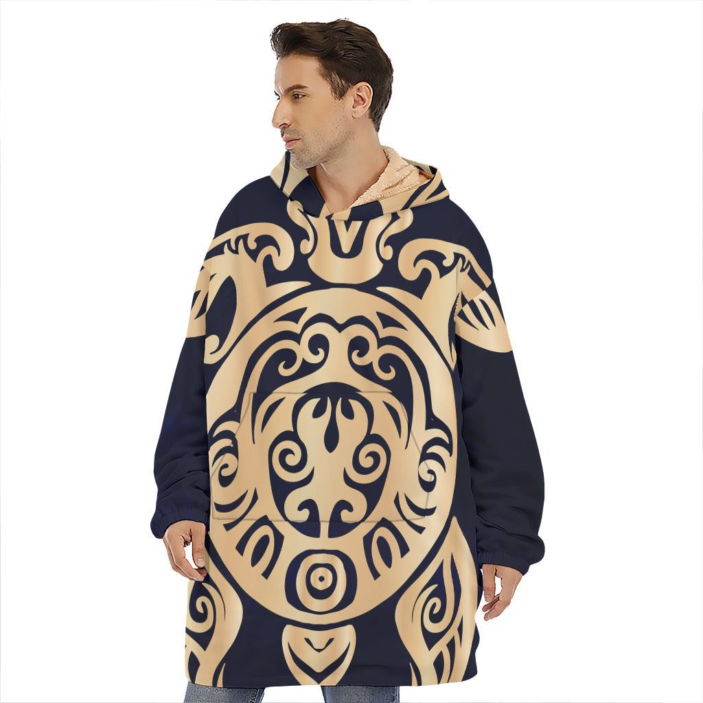 Golden Tribal Sea Turtle Print Hoodie Blanket