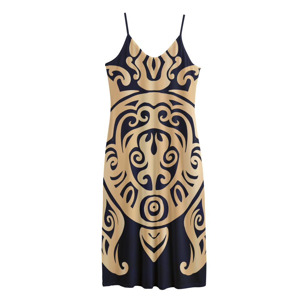 Golden Tribal Sea Turtle Print Jersey Midi Cami Dress