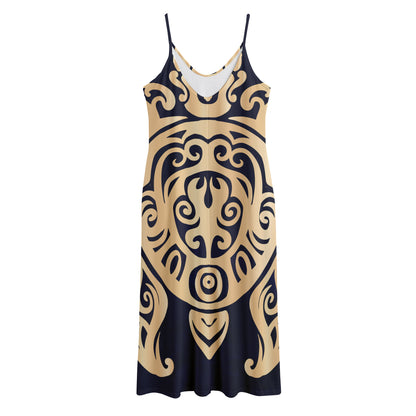 Golden Tribal Sea Turtle Print Jersey Midi Cami Dress
