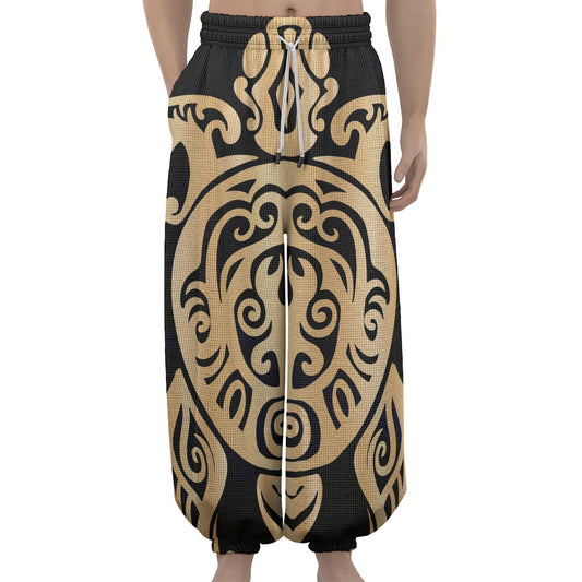 Golden Tribal Sea Turtle Print Lantern Pants
