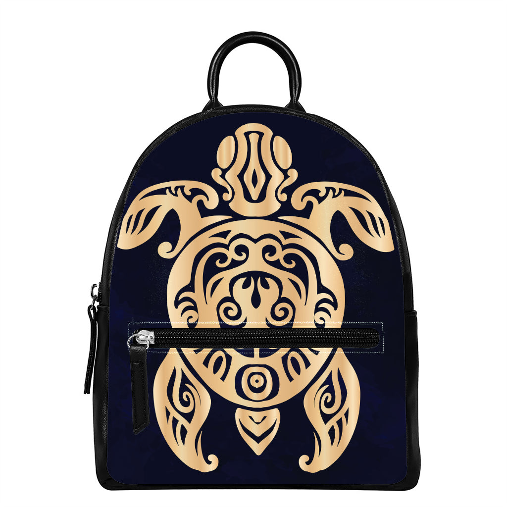 Golden Tribal Sea Turtle Print Leather Backpack