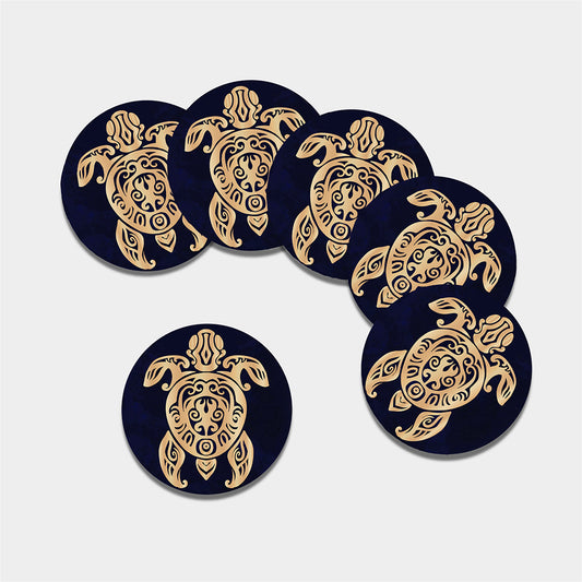 Golden Tribal Sea Turtle Print Leather Coaster Set
