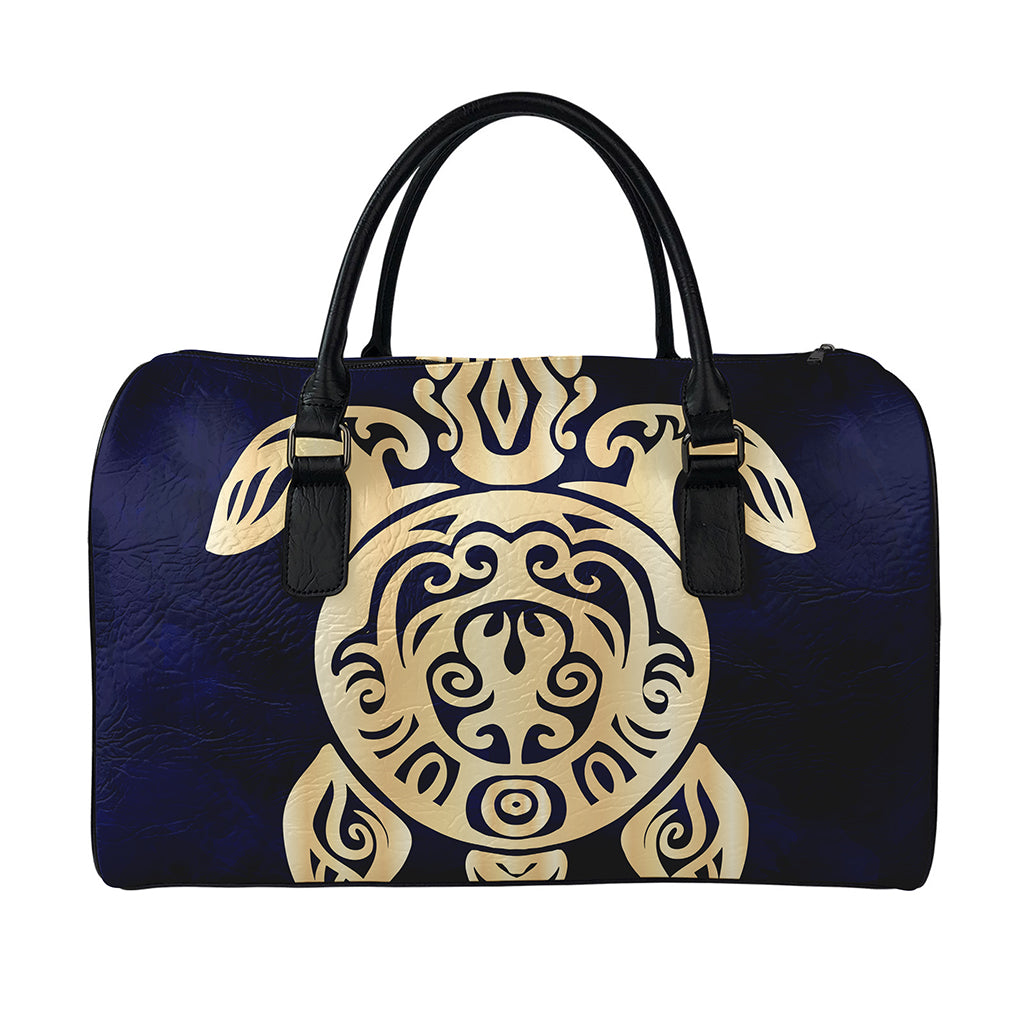 Golden Tribal Sea Turtle Print Leather Duffle Bag