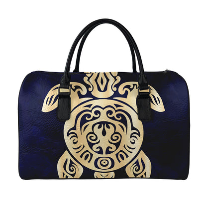 Golden Tribal Sea Turtle Print Leather Duffle Bag