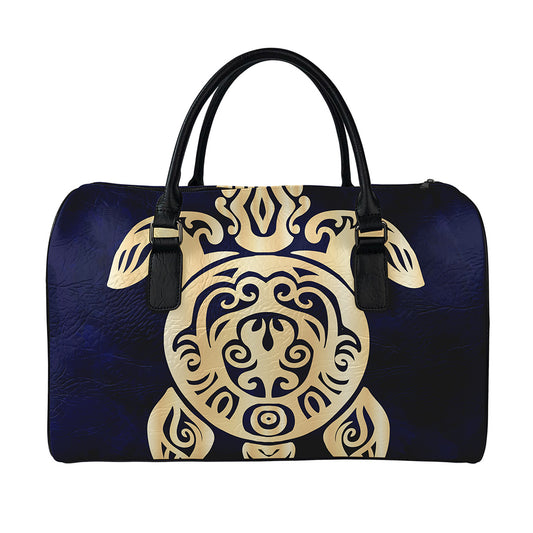 Golden Tribal Sea Turtle Print Leather Duffle Bag