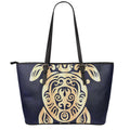 Golden Tribal Sea Turtle Print Leather Tote Bag With Zipper