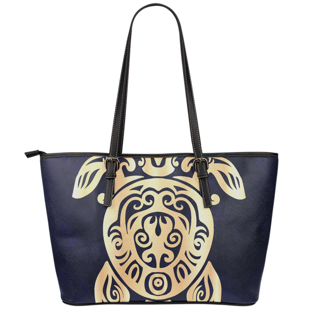 Golden Tribal Sea Turtle Print Leather Tote Bag