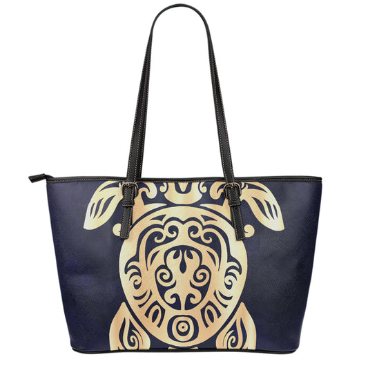 Golden Tribal Sea Turtle Print Leather Tote Bag