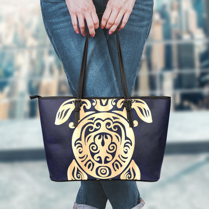 Golden Tribal Sea Turtle Print Leather Tote Bag