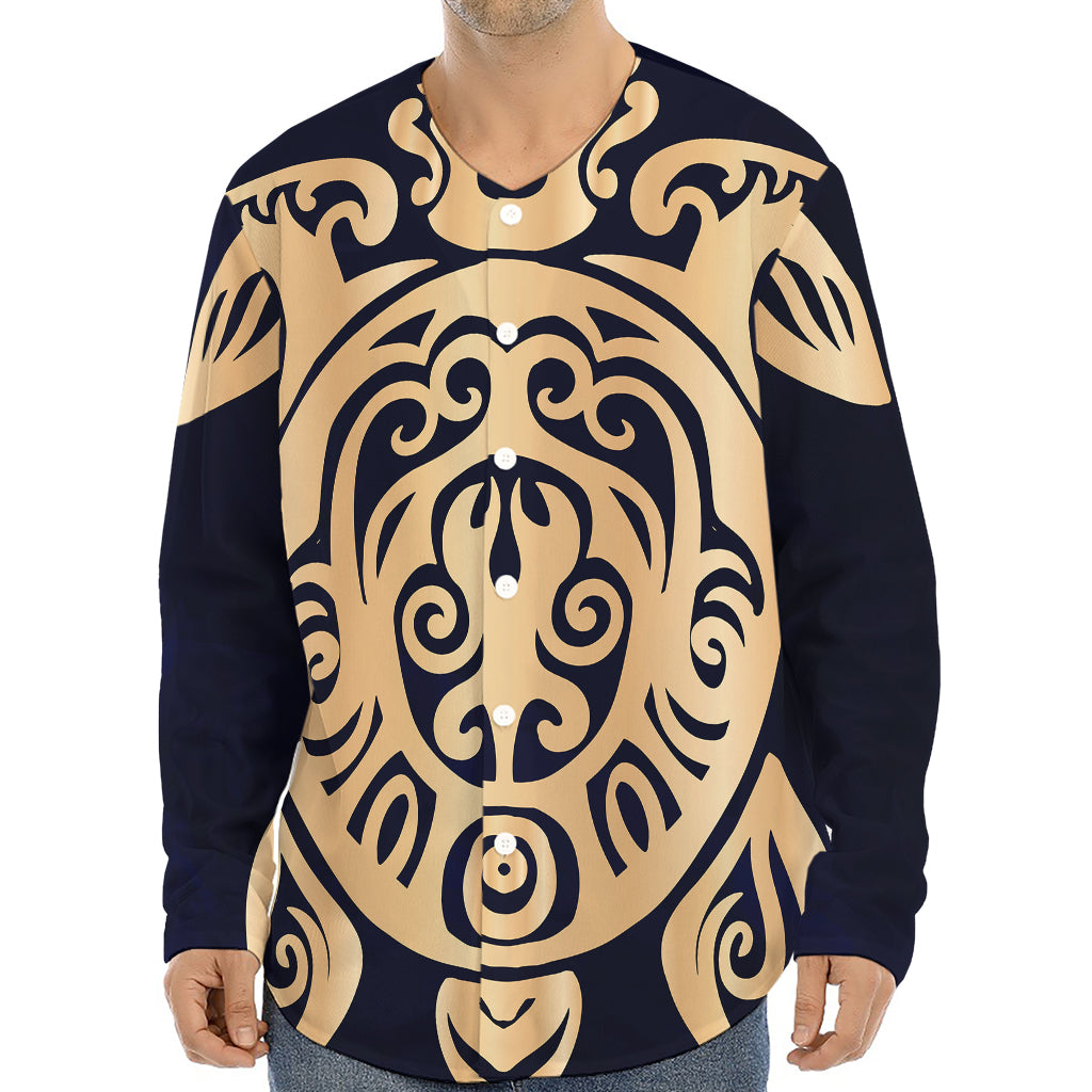 Golden Tribal Sea Turtle Print Long Sleeve Baseball Jersey